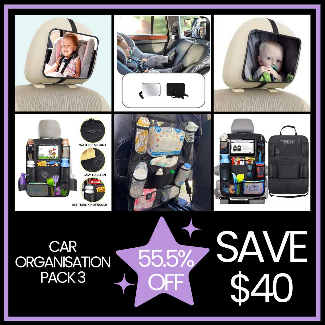 Car Organisation Pack 3, showing various car organization products including a baby on a car seat, a car back seat organiser, and a back seat car mirror with a 55.5% discount saving $40.