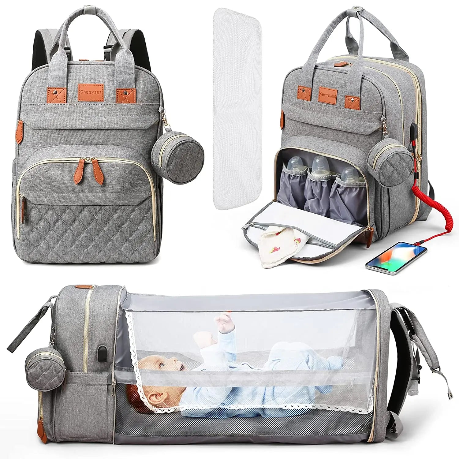 2-in-1 Nappy Backpack with fold out Travel Cot