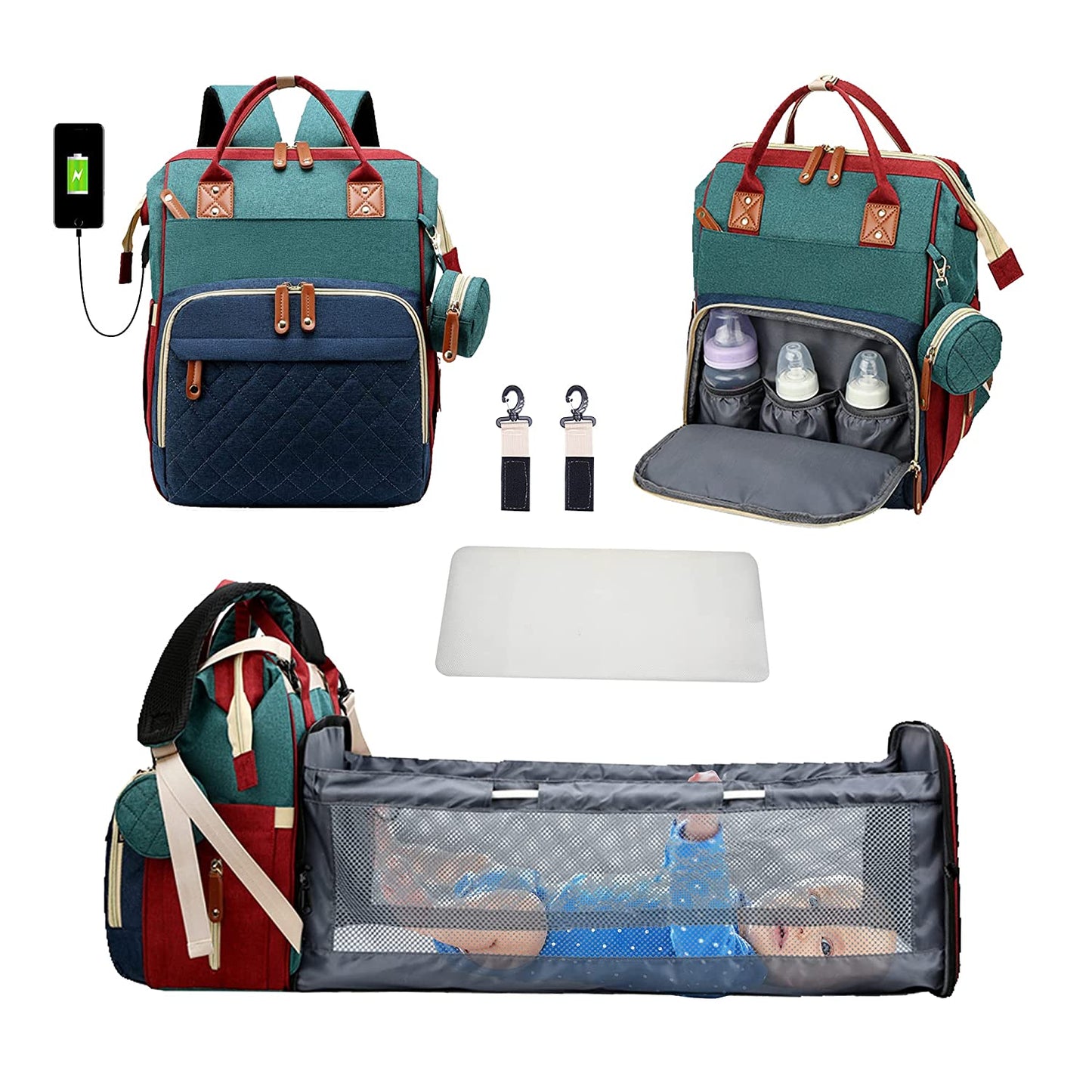 2-in-1 Nappy Backpack with fold out Travel Cot