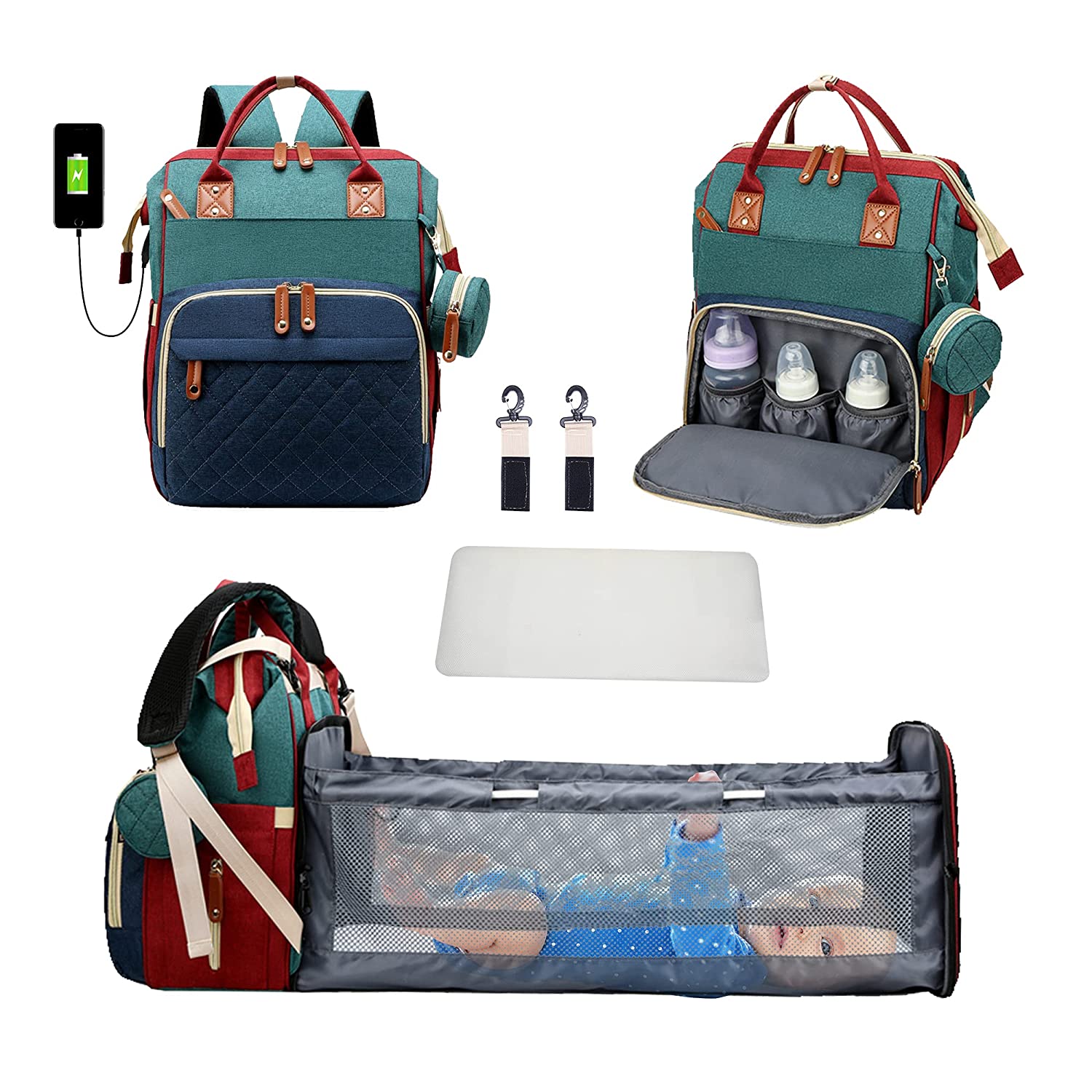 2-in-1 Nappy Backpack with fold out Travel Cot