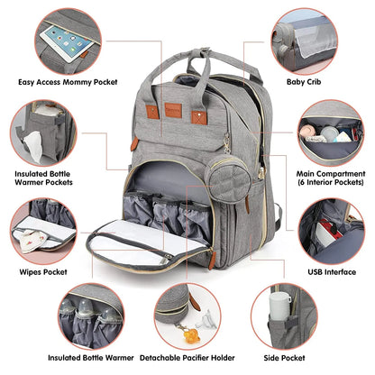 2-in-1 Nappy Backpack with fold out Travel Cot