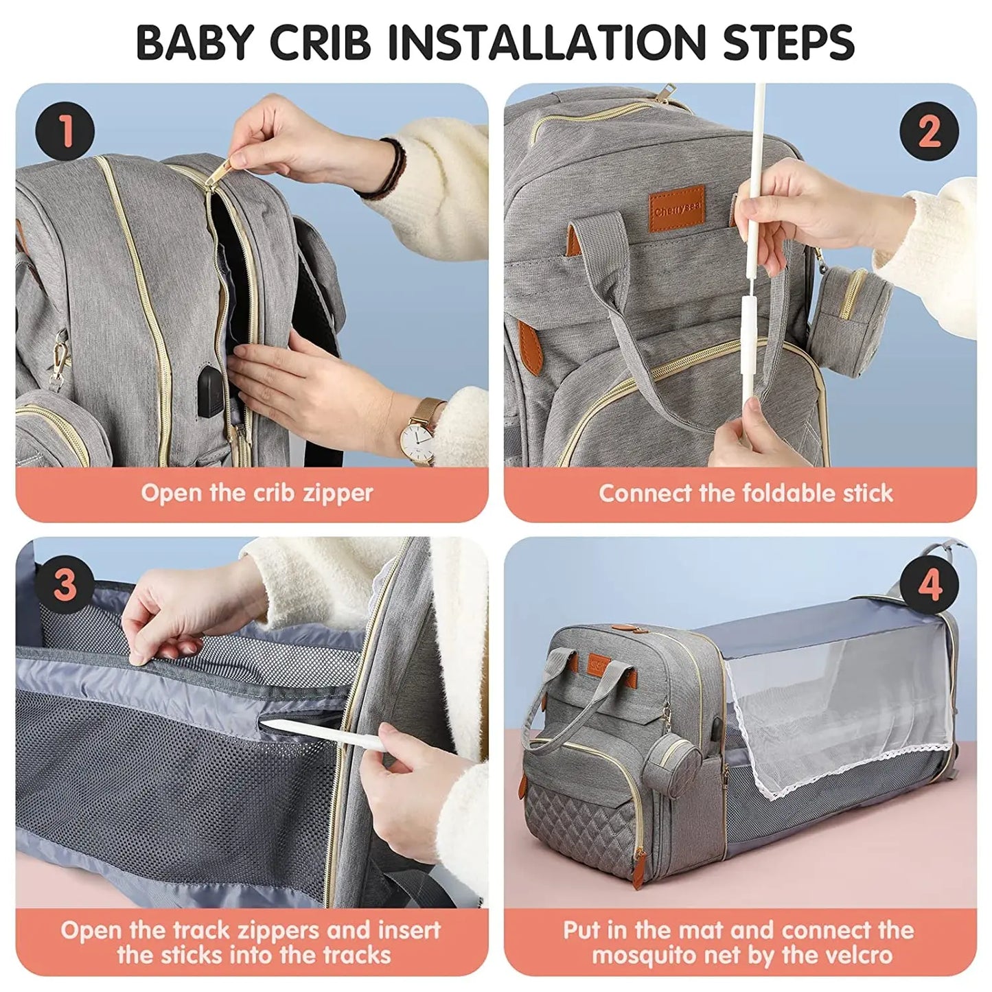 2-in-1 Nappy Backpack with fold out Travel Cot