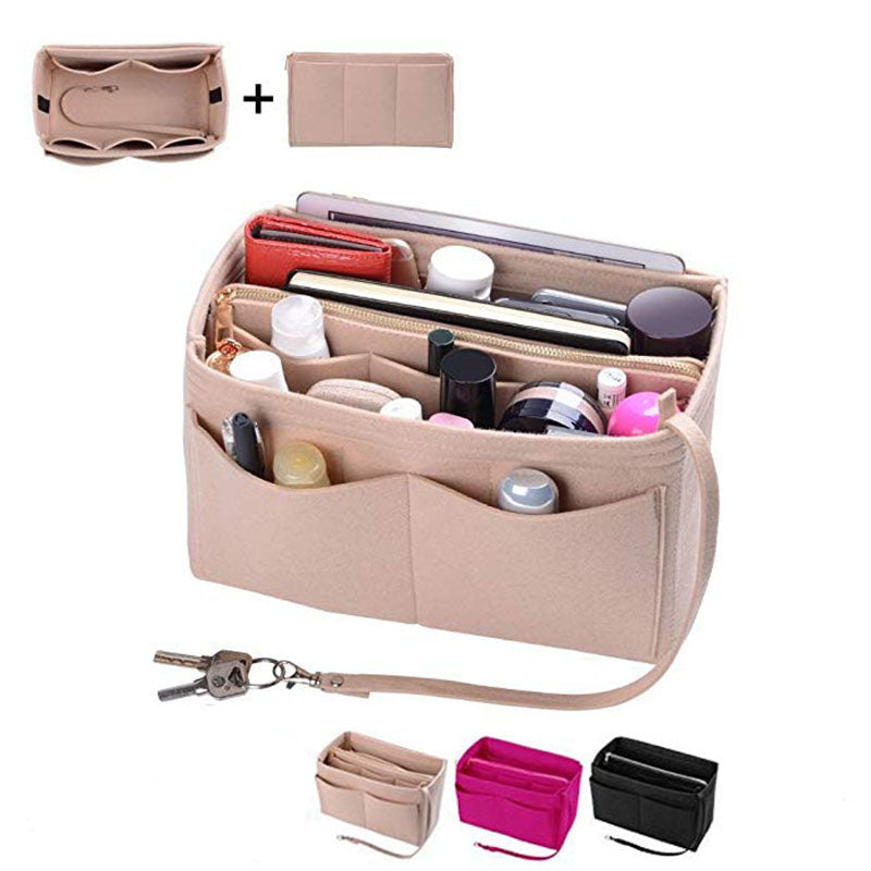 A beige felt bag organizer insert with multiple pockets, shown both alone and inside a bag with a zipper.