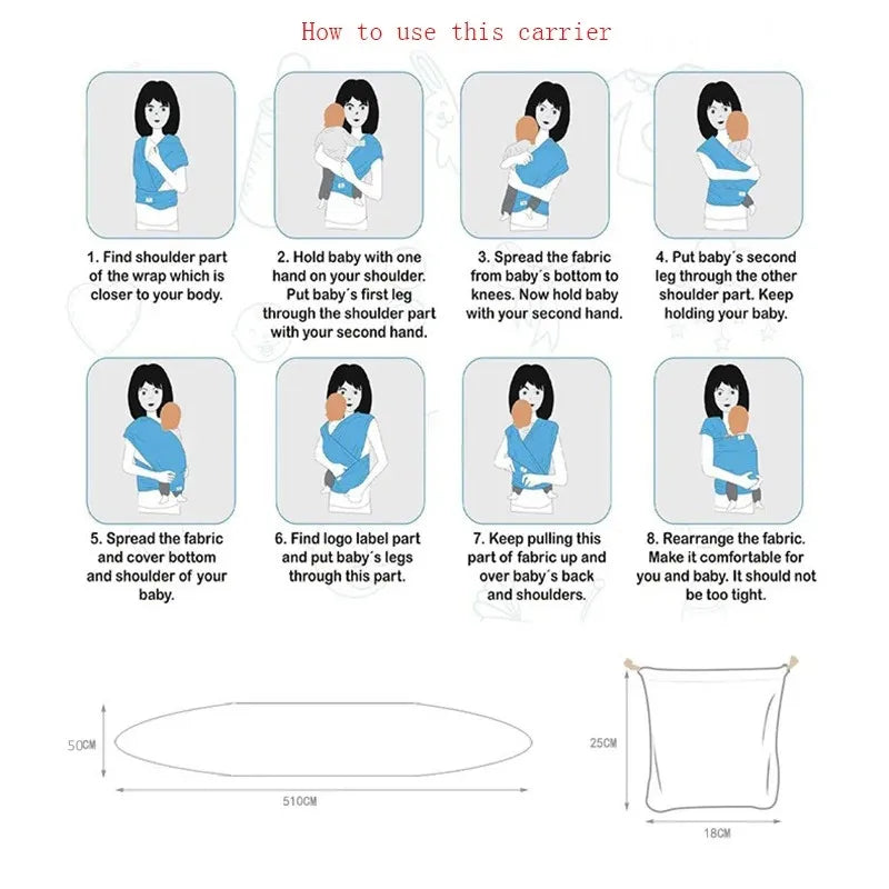 A baby sling wrap carrier with a sleeping infant inside, worn by an adult with one hand supporting the baby's head.