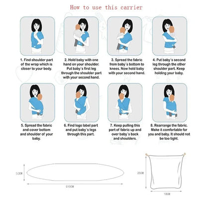 A baby sling wrap carrier with a sleeping infant inside, worn by an adult with one hand supporting the baby's head.