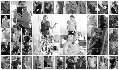 Baby_Sling_Wrap_Carrier A baby sling wrap carrier with a sleeping infant inside, worn by an adult with one hand supporting the baby's head.