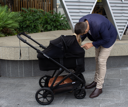 Babyhood Doppio Plus stroller with single seat and ergonomic bassinet, lightweight foldable frame, and sun canopy.