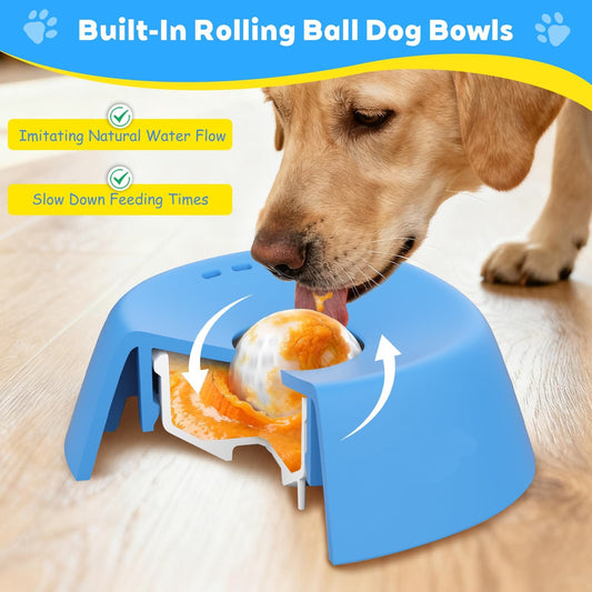 Dog eating from a blue built-in rolling dog bowl on a wooden floor. CalmLick Slow Dog Bowl