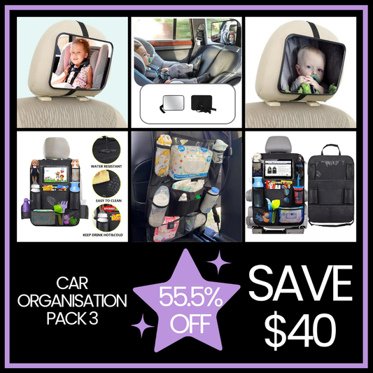 Car Organisation Pack 3, showing various car organization products including a baby on a car seat, a car back seat organiser, and a back seat car mirror with a 55.5% discount saving $40.