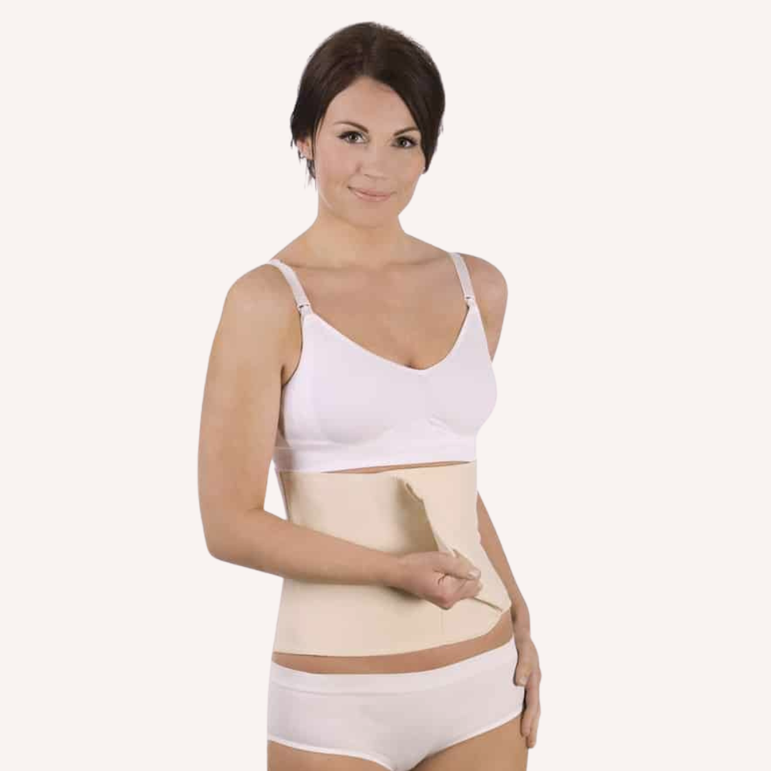 Woman wearing a Carriwell Organic Cotton Belly Binder beige