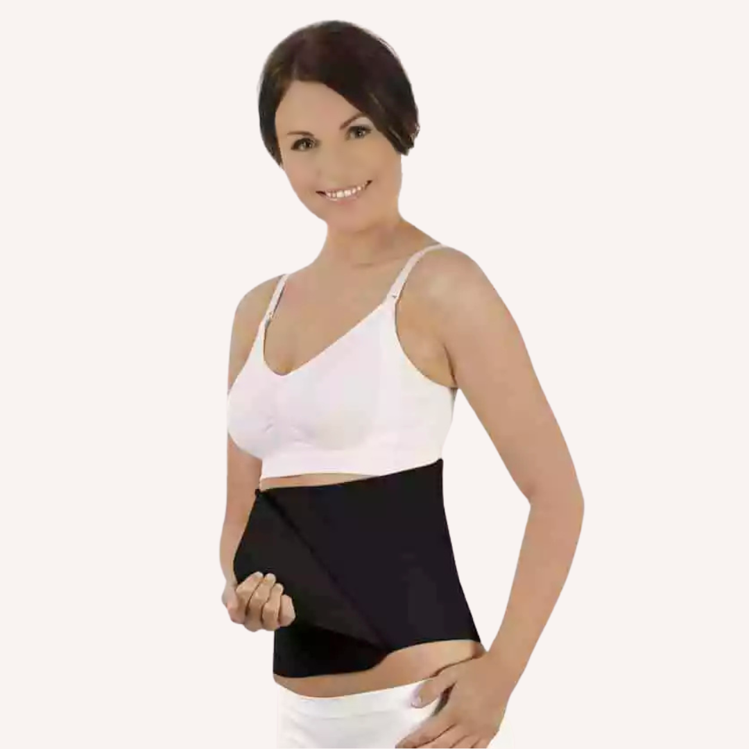 Woman wearing a Carriwell Organic Cotton Belly Binder black waist trainer