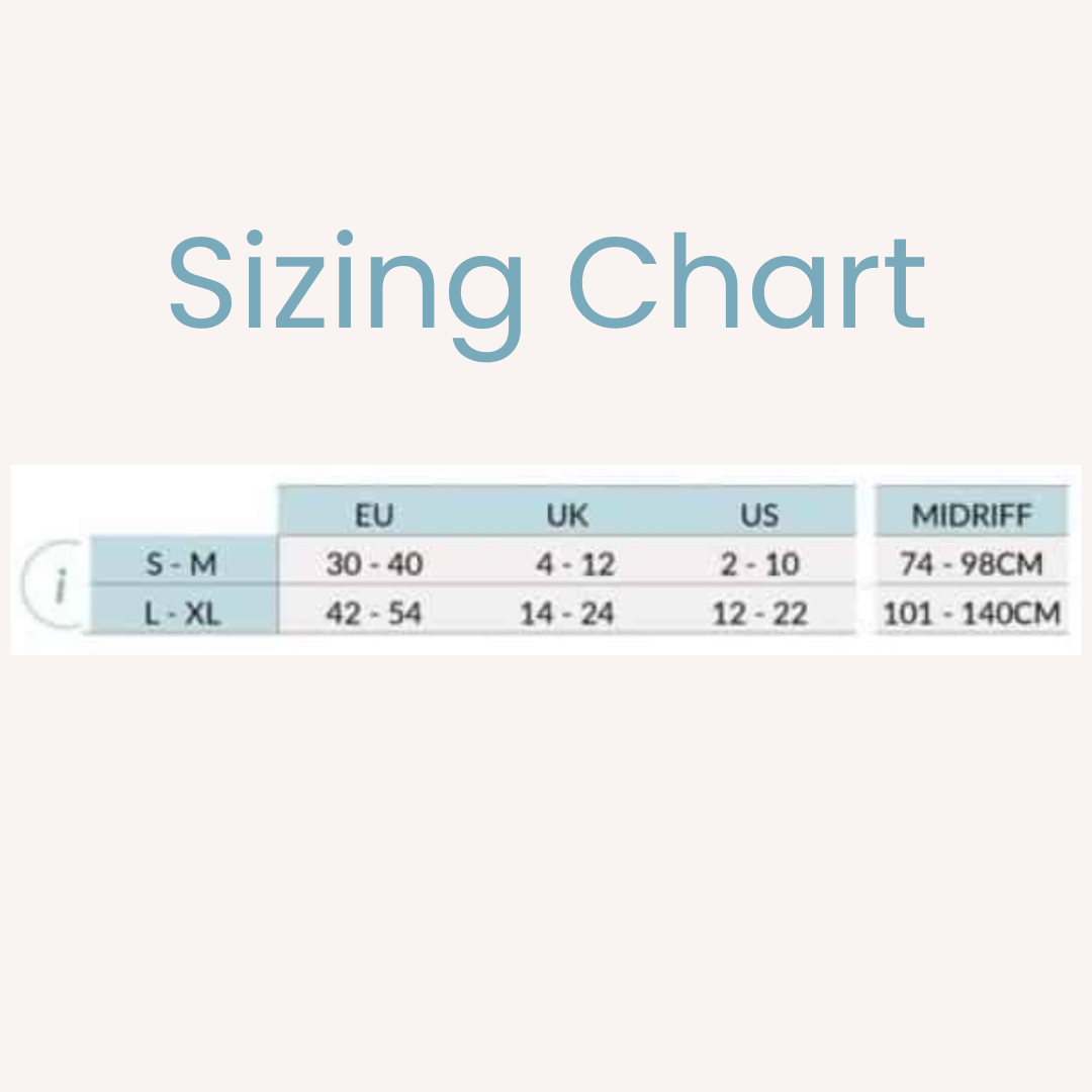 Sizing chart for clothing with EU, UK, US measurements and corresponding size ranges.
