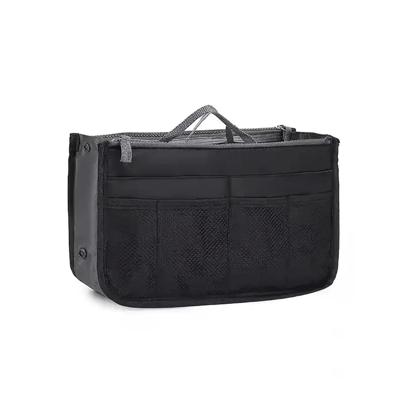 Multifunctional Bi-fold Storage Bag compact bag organiser insert with various compartments, can contain cosmetics, hair items, perfume, creams, keys, electronic devices, all handbag necessities
