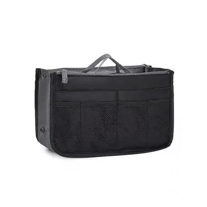 Multifunctional Bi-fold Storage Bag compact bag organiser insert with various compartments, can contain cosmetics, hair items, perfume, creams, keys, electronic devices, all handbag necessities