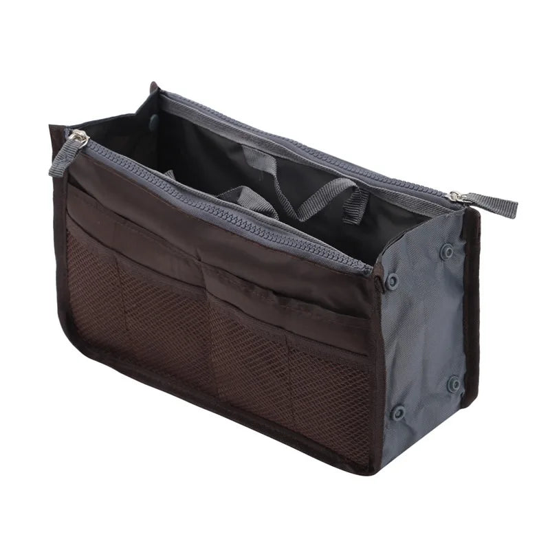 Multifunctional Bi-fold Storage Bag compact bag organiser insert with various compartments, can contain cosmetics, hair items, perfume, creams, keys, electronic devices, all handbag necessities