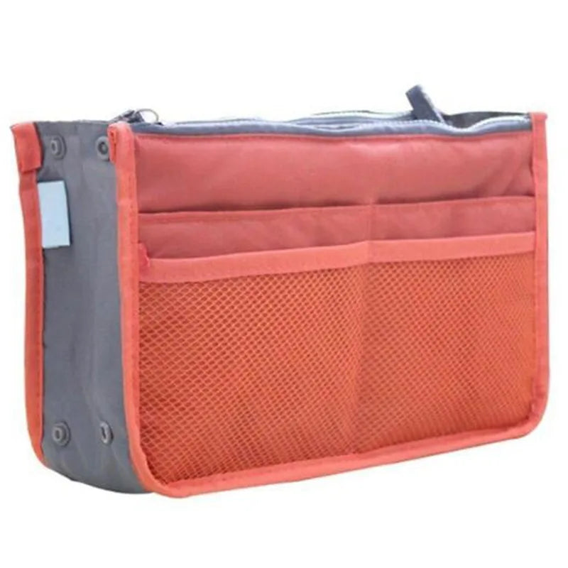 Multifunctional Bi-fold Storage Bag compact bag organiser insert with various compartments, can contain cosmetics, hair items, perfume, creams, keys, electronic devices, all handbag necessities