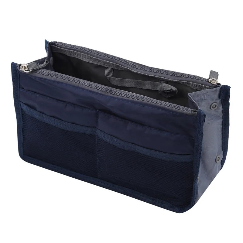 Multifunctional Bi-fold Storage Bag compact bag organiser insert with various compartments, can contain cosmetics, hair items, perfume, creams, keys, electronic devices, all handbag necessities