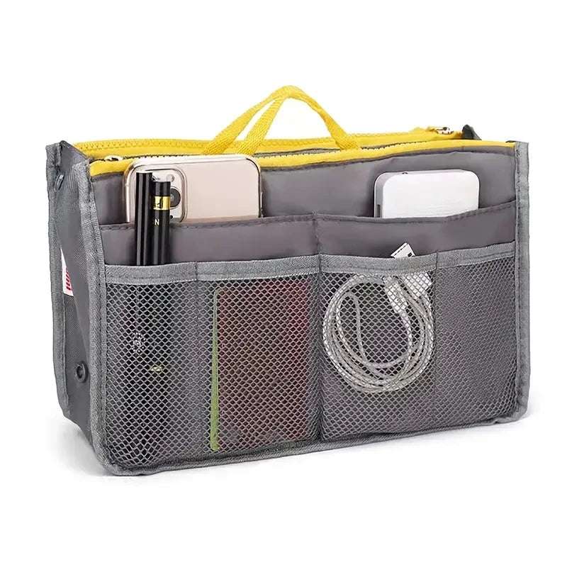 Multifunctional Bi-fold Storage Bag 
compact bag organiser insert with various compartments, can contain cosmetics, hair items, perfume, creams, keys, electronic devices, all handbag necessities