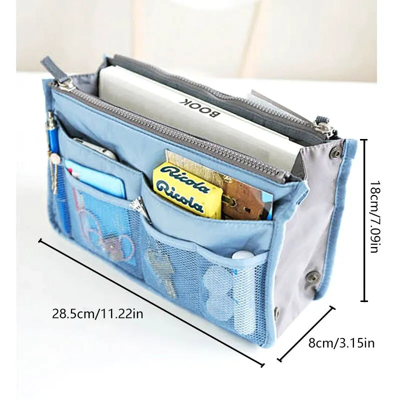 compact bag organiser insert with various compartments, can contain cosmetics, hair items, perfume, creams, keys, electronic devices, all handbag necessities