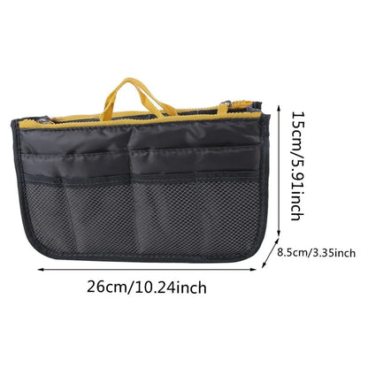 Multifunctional Bi-fold Storage Bag compact bag organiser insert with various compartments, can contain cosmetics, hair items, perfume, creams, keys, electronic devices, all handbag necessities