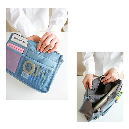 compact bag organiser insert with various compartments, can contain cosmetics, hair items, perfume, creams, keys, electronic devices, all handbag necessities