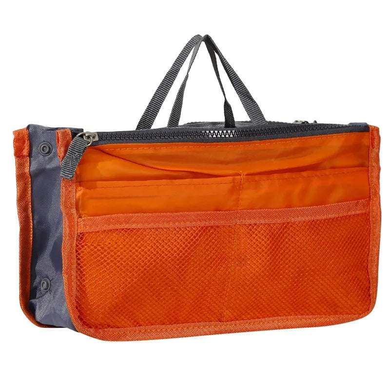 Multifunctional Bi-fold Storage Bag compact bag organiser insert with various compartments, can contain cosmetics, hair items, perfume, creams, keys, electronic devices, all handbag necessities