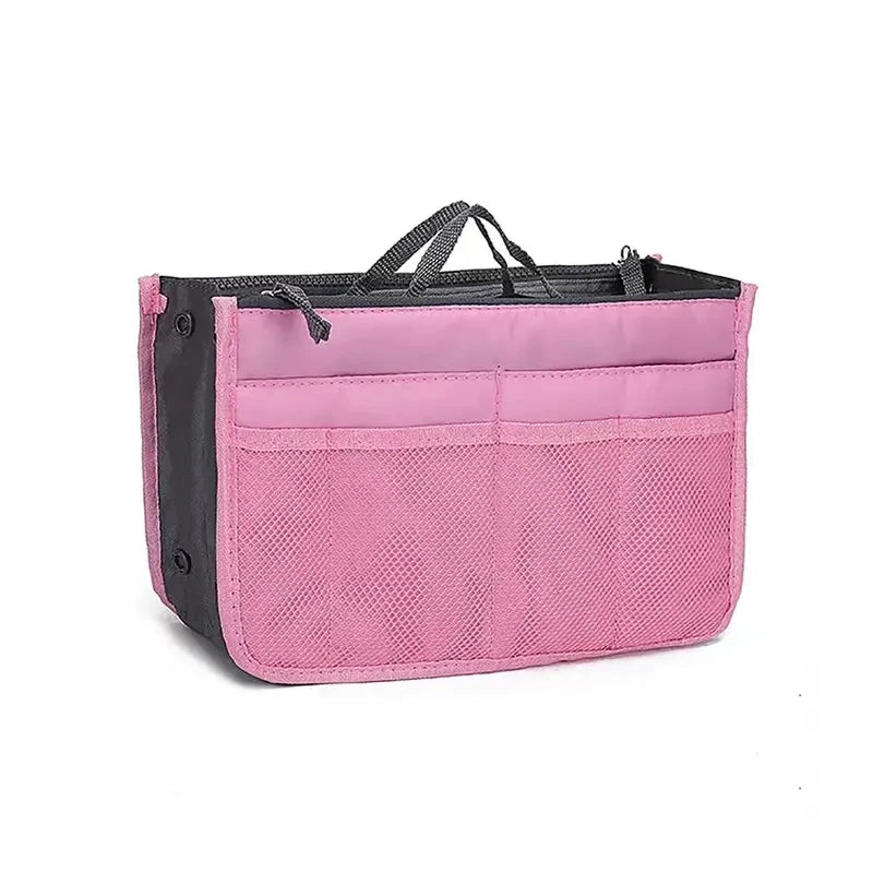 Multifunctional Bi-fold Storage Bag compact bag organiser insert with various compartments, can contain cosmetics, hair items, perfume, creams, keys, electronic devices, all handbag necessities