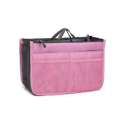 Multifunctional Bi-fold Storage Bag compact bag organiser insert with various compartments, can contain cosmetics, hair items, perfume, creams, keys, electronic devices, all handbag necessities