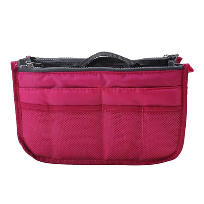 Multifunctional Bi-fold Storage Bag compact bag organiser insert with various compartments, can contain cosmetics, hair items, perfume, creams, keys, electronic devices, all handbag necessities