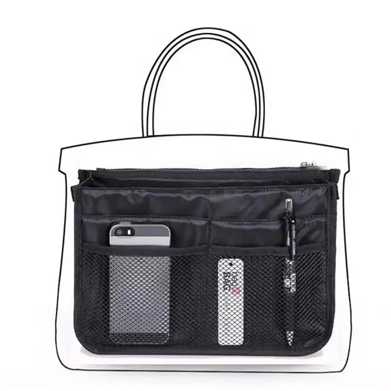 Multifunctional Bi-fold Storage Bag compact bag organiser insert with various compartments, can contain cosmetics, hair items, perfume, creams, keys, electronic devices, all handbag necessities
