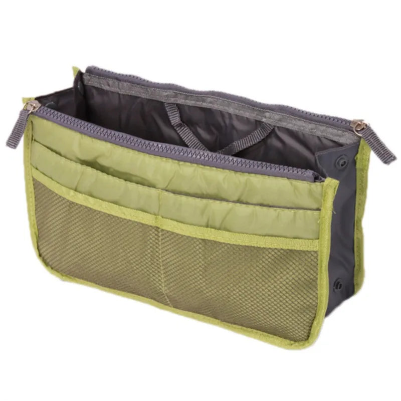 Multifunctional Bi-fold Storage Bag compact bag organiser insert with various compartments, can contain cosmetics, hair items, perfume, creams, keys, electronic devices, all handbag necessities