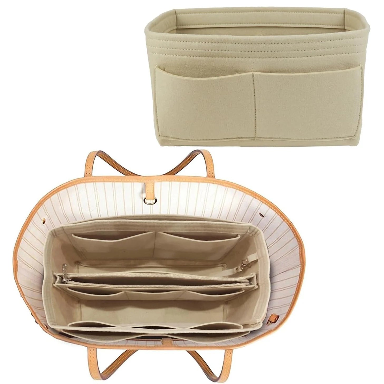 A beige felt bag organizer insert with multiple pockets, shown both alone and inside a bag with a zipper.