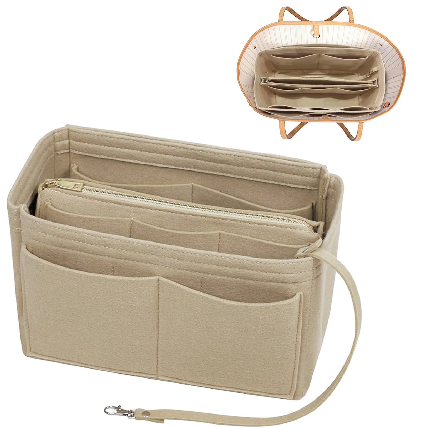A beige felt bag organizer insert with multiple pockets to separate perfume, makeup, tissues, sanitiser, keys etc for all your handbag needs.