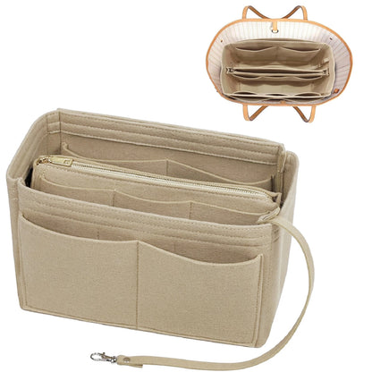A beige felt bag organizer insert with multiple pockets to separate perfume, makeup, tissues, sanitiser, keys etc for all your handbag needs.