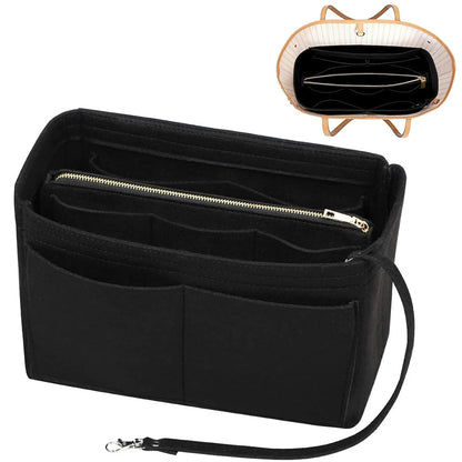 A beige felt bag organizer insert with multiple pockets to separate perfume, makeup, tissues, sanitiser, keys etc for all your handbag needs.