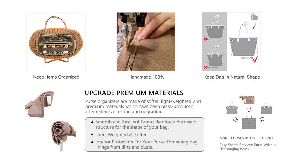 A beige felt bag organizer insert with multiple pockets to separate perfume, makeup, tissues, sanitiser, keys etc for all your handbag needs.