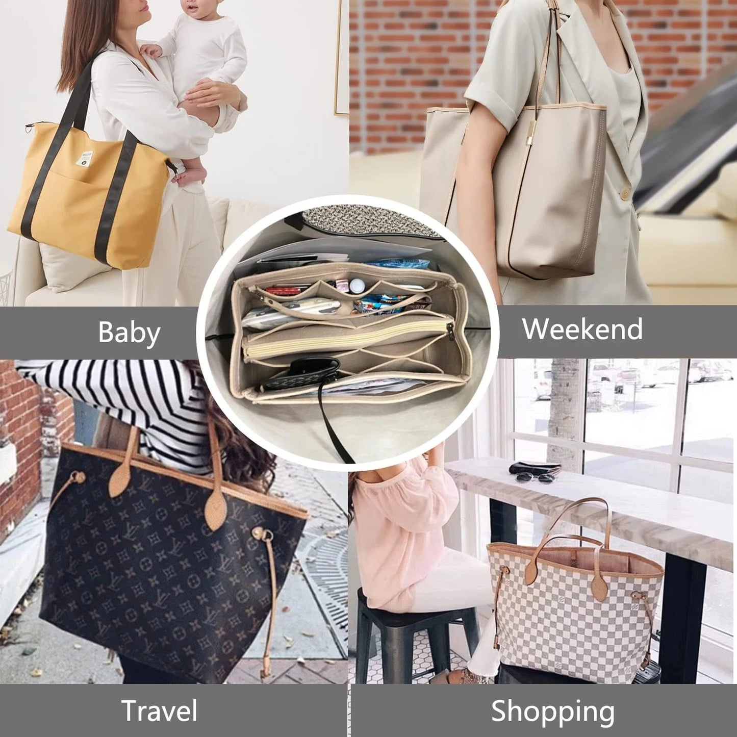 A beige felt bag organizer insert with multiple pockets to separate perfume, makeup, tissues, sanitiser, keys etc for all your handbag needs.