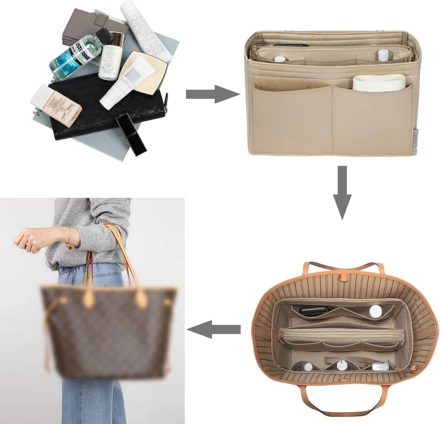 A beige felt bag organizer insert with multiple pockets to separate perfume, makeup, tissues, sanitiser, keys etc for all your handbag needs.