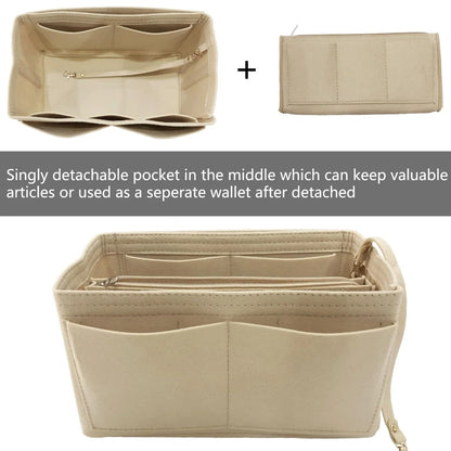 A beige felt bag organizer insert with multiple pockets to separate perfume, makeup, tissues, sanitiser, keys etc for all your handbag needs.