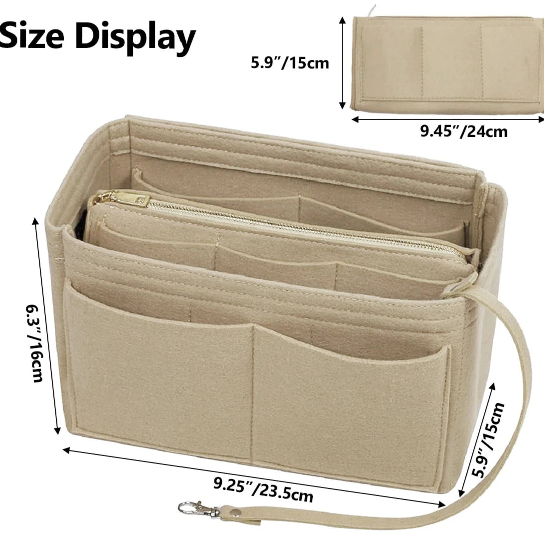 A beige felt bag organizer insert with multiple pockets to separate perfume, makeup, tissues, sanitiser, keys etc for all your handbag needs.