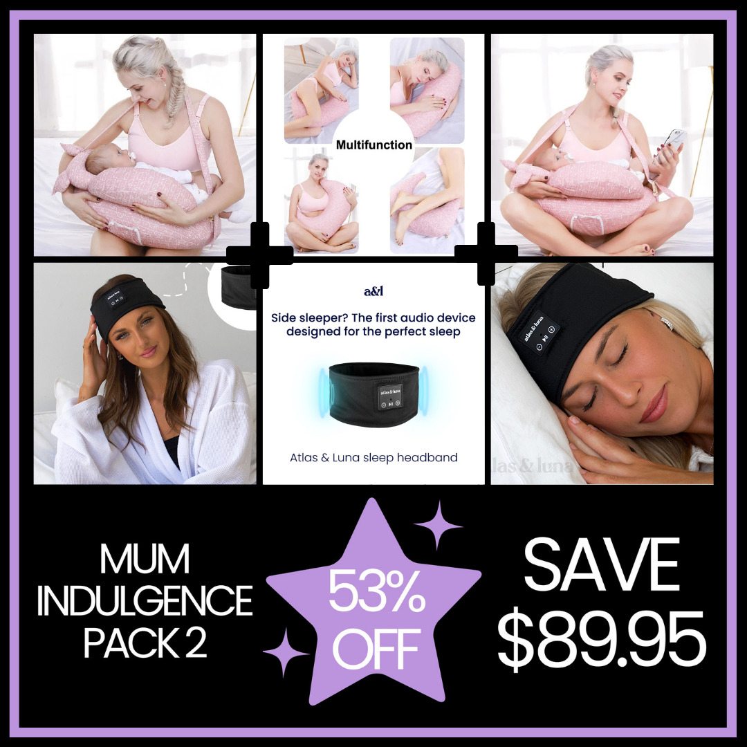 Mum Indulgence Pack 2 including a Multifunctional Nursing Pillow and Atlas & Luna Bluetooth Sleep Headband with 53% discount saving $89.95