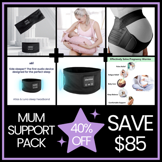 Mum Support Pack including Atlas & Luna bluetooth sleep headband, Multifunctional Nursing Pillow and Maternity Support Band from UpUpnaway with 40% discount saving $85