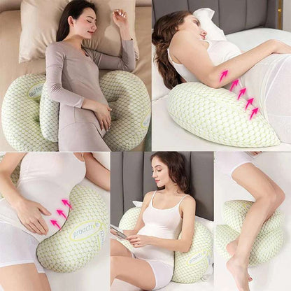 Collage of images showing a pregnancy waist support pillow in use by a pregnant woman in different positions, highlighting the pillow's ergonomic design and comfort features.