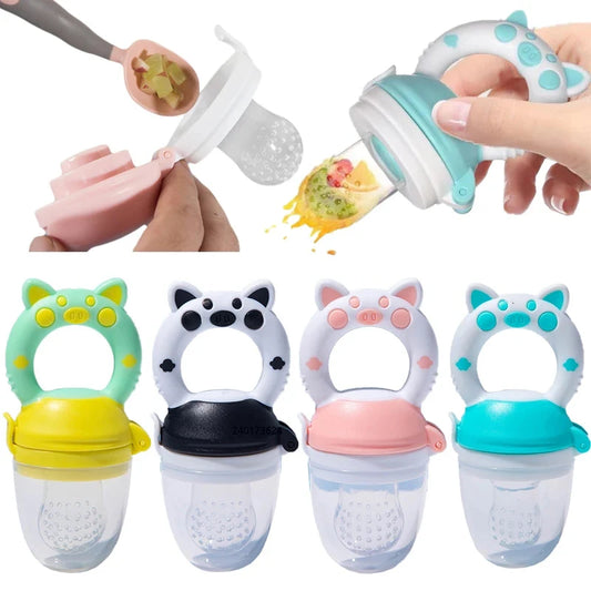 A collection of silicone baby fresh food feeders in various colors, each with a cat-like face and a handle for holding.