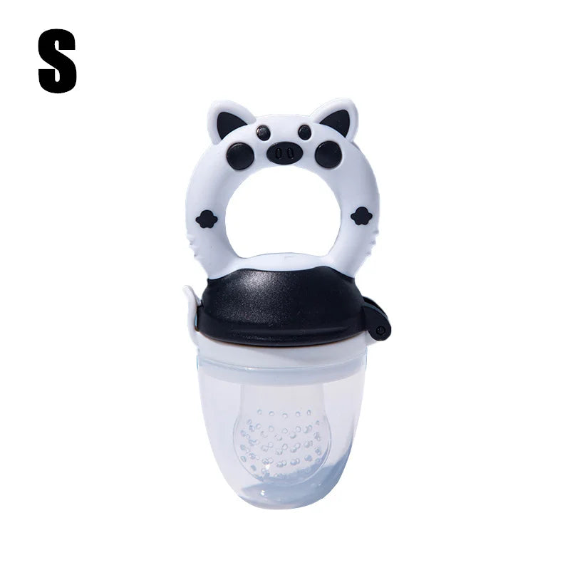 Black and White Small Sizing - silicone baby fresh food feeder showing soft mesh and easy-grip handle for infants.