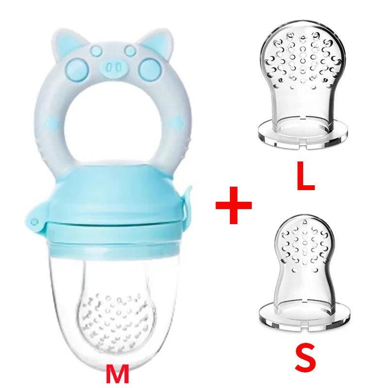 Blue close-up of silicone baby fresh food feeder showing soft mesh and easy-grip handle for infants.