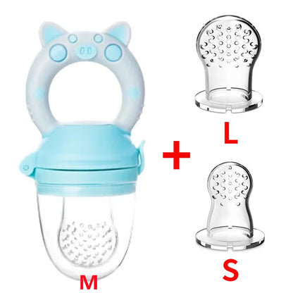 Blue close-up of silicone baby fresh food feeder showing soft mesh and easy-grip handle for infants.
