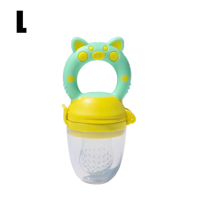 Close-up of silicone baby fresh food feeder showing soft and easy-grip handle for infants.