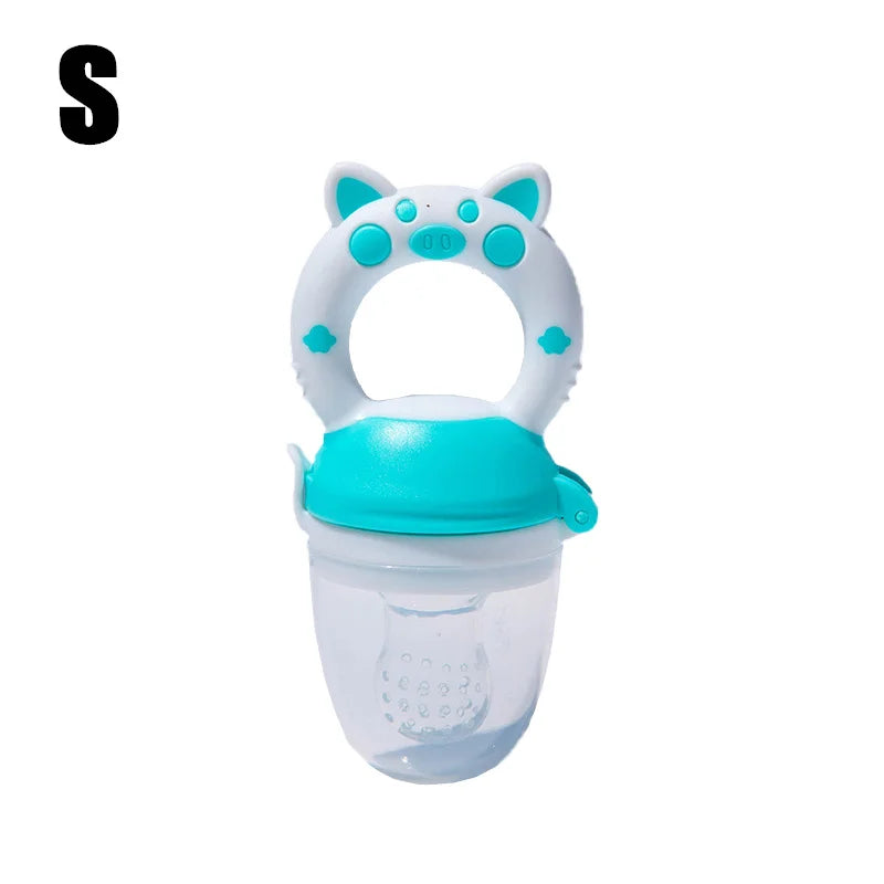 Front View of silicone baby fresh food feeder showing soft mesh and easy-grip handle for infants.