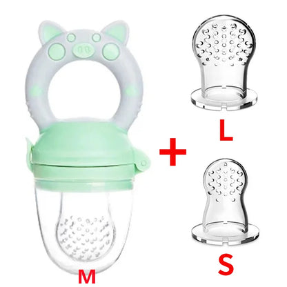 Detail close-up of silicone baby fresh food feeder showing soft and easy-grip handle for infants.